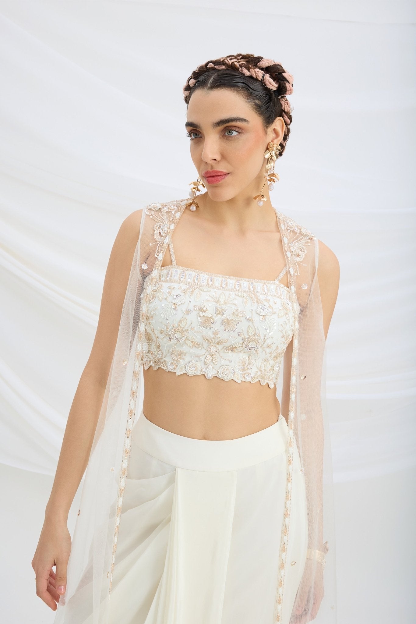 OFF WHITE EMBROIDERED JACKET WITH DRAPE SKIRT AND EMBROIDERED CROP TOP - White Maison de Couture