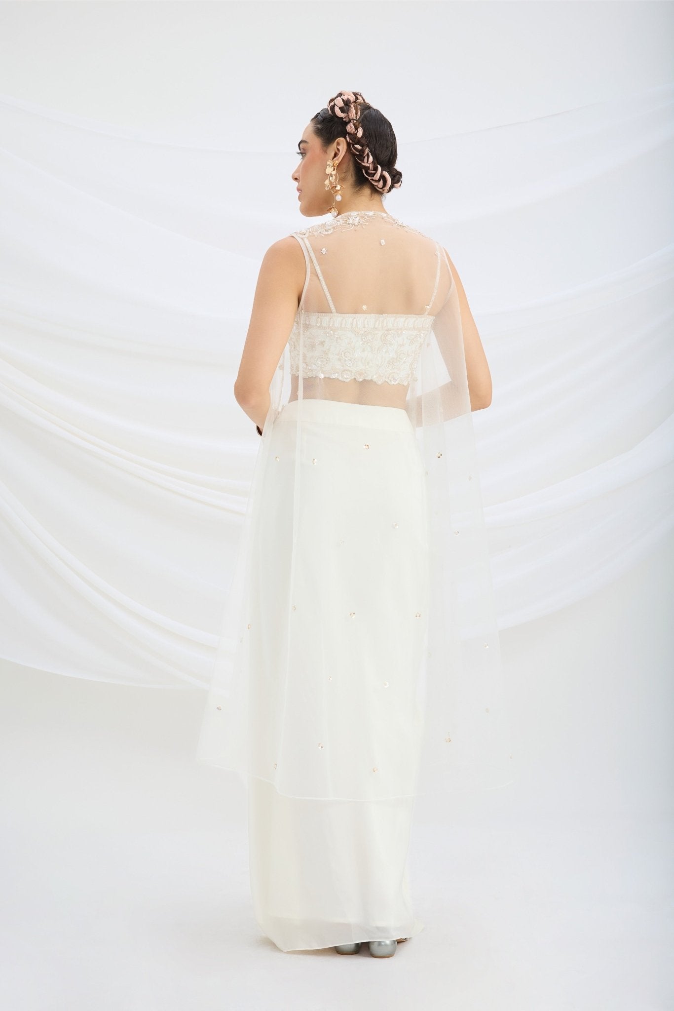OFF WHITE EMBROIDERED JACKET WITH DRAPE SKIRT AND EMBROIDERED CROP TOP - White Maison de Couture