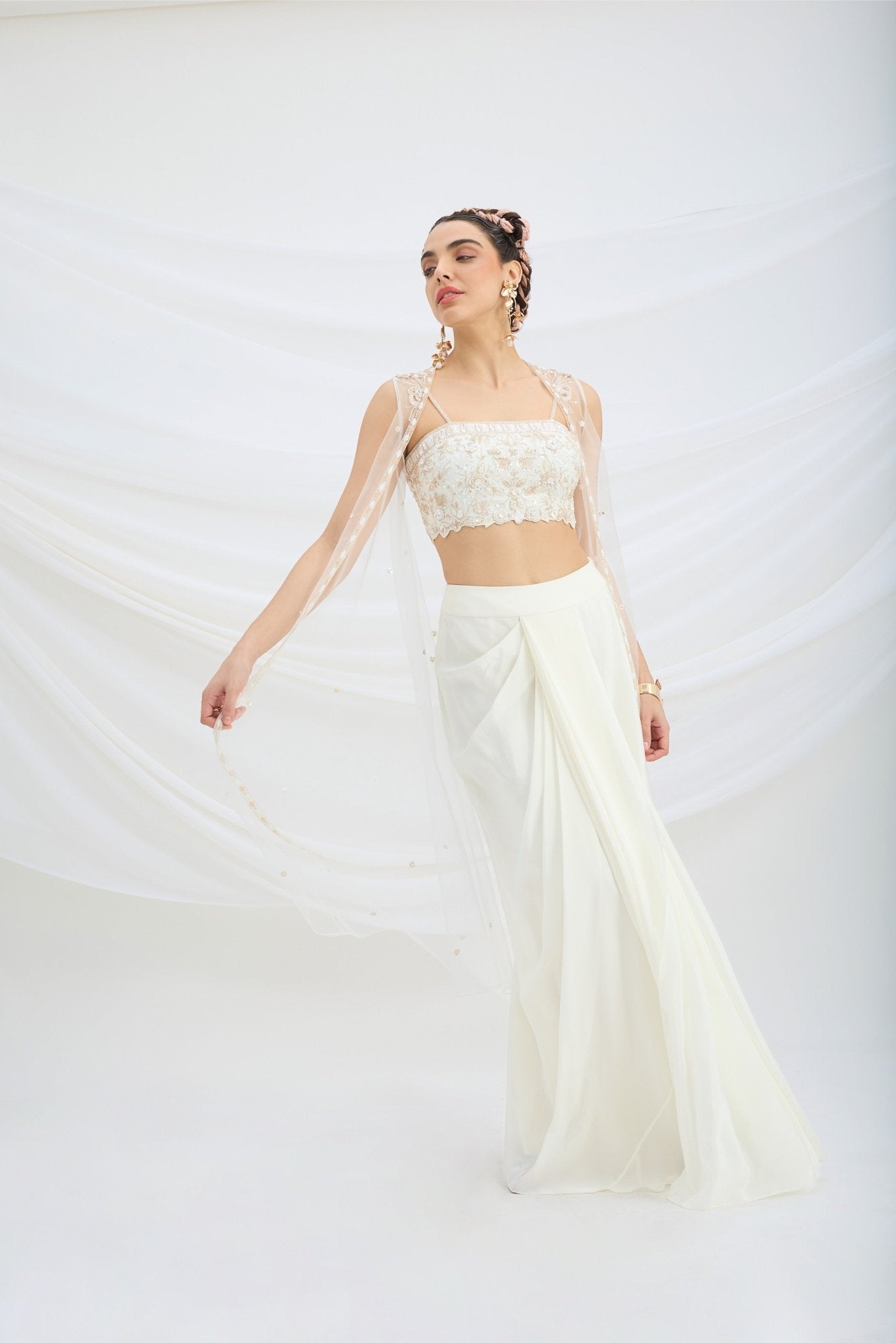 OFF WHITE EMBROIDERED JACKET WITH DRAPE SKIRT AND EMBROIDERED CROP TOP - White Maison de Couture