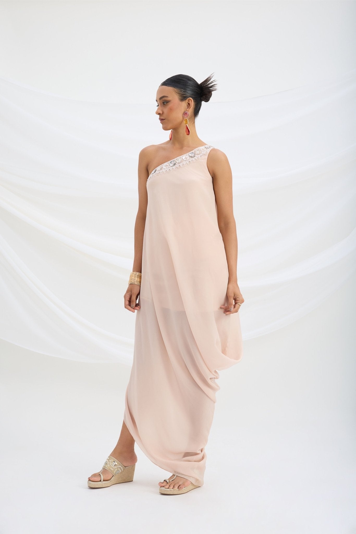 ONE SHOULDER EMBROIDERED DRAPE DRESS - White Maison de Couture