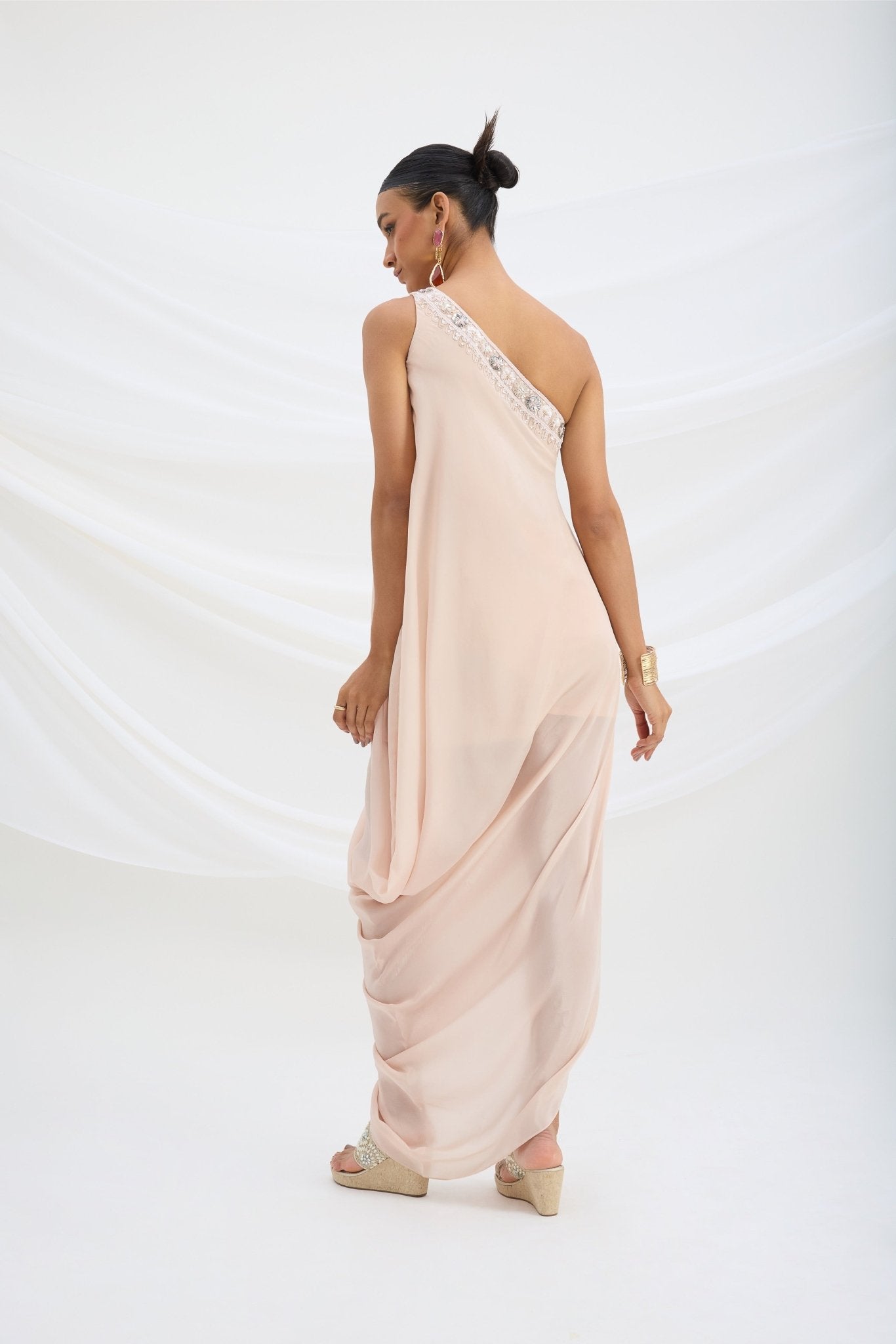 ONE SHOULDER EMBROIDERED DRAPE DRESS - White Maison de Couture