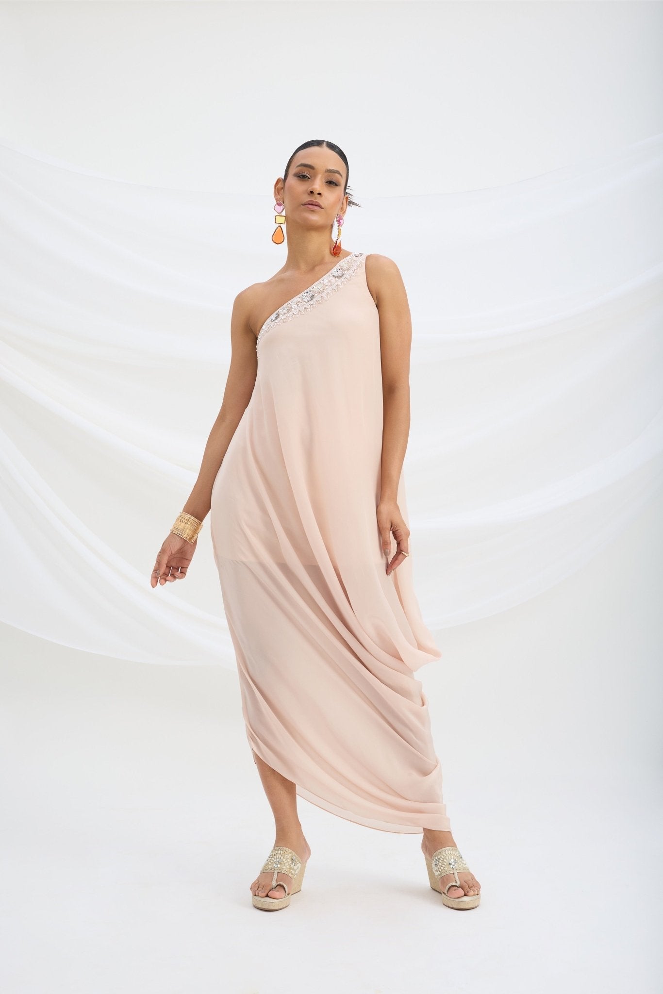 ONE SHOULDER EMBROIDERED DRAPE DRESS - White Maison de Couture
