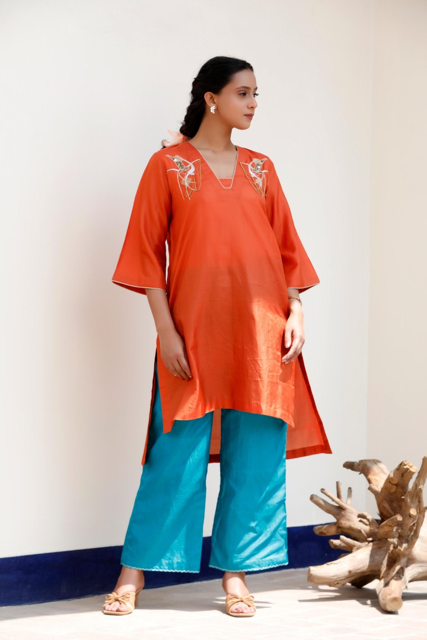 ORANGE & BLUE KURTA SET - White Maison de Couture