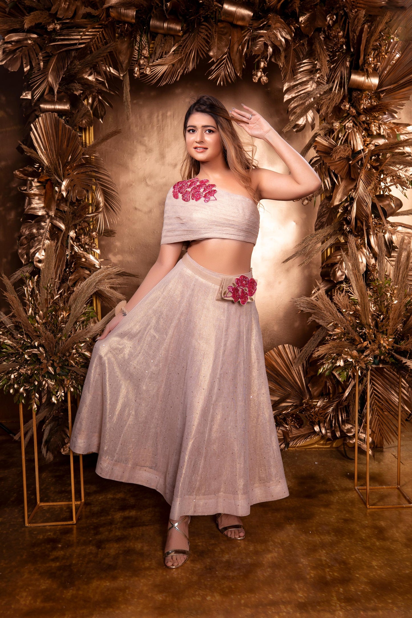 GINGKO LEAF PLEATED ONE SHOULDER BLOUSE & CHAMPAGNE SEQUIN PANEL SKIRT