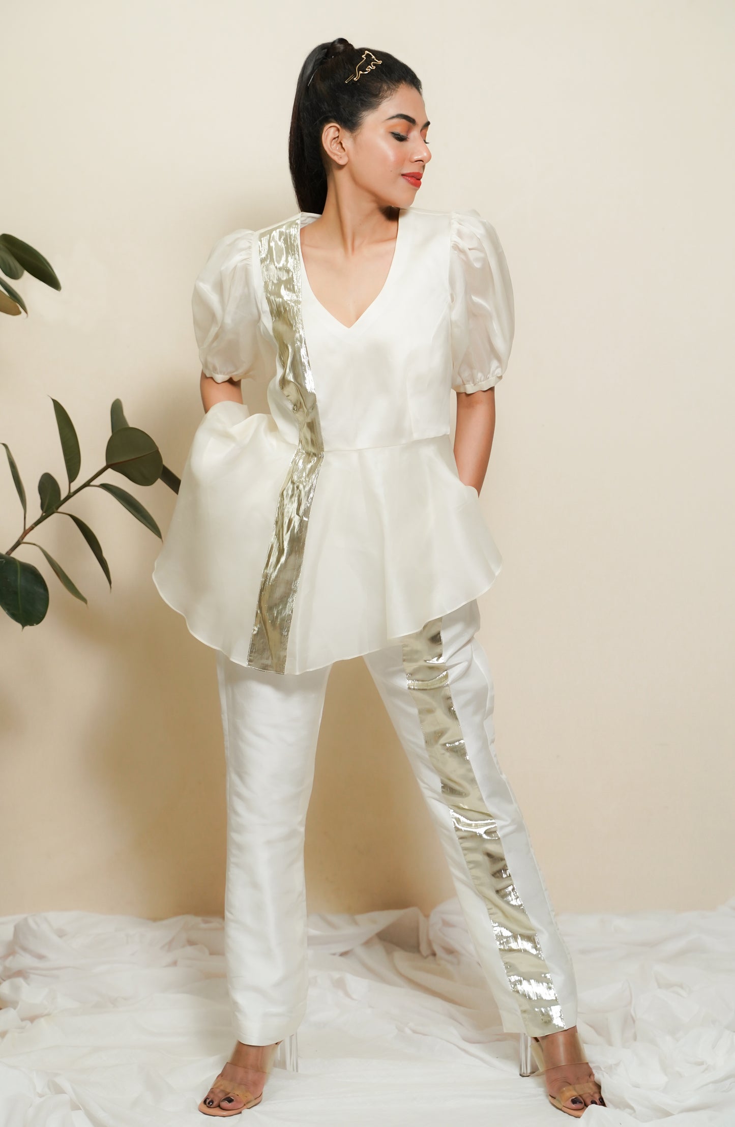 ASYMMETRIC SILVER STRIPE ORGANZA SET