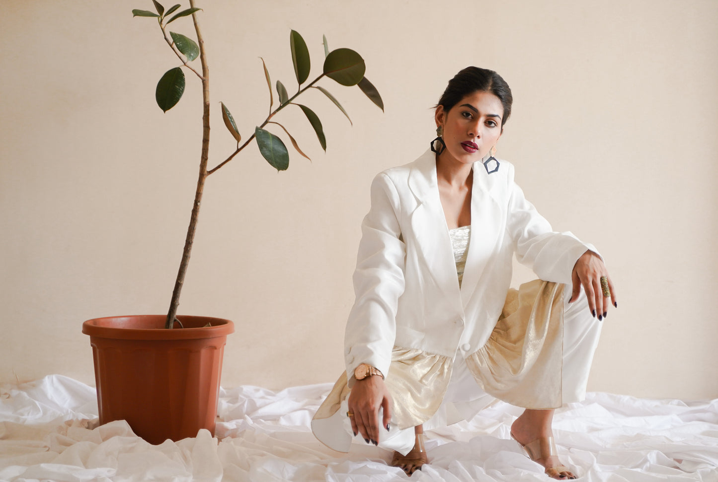 WHITE FRILLED PANT SUIT SET