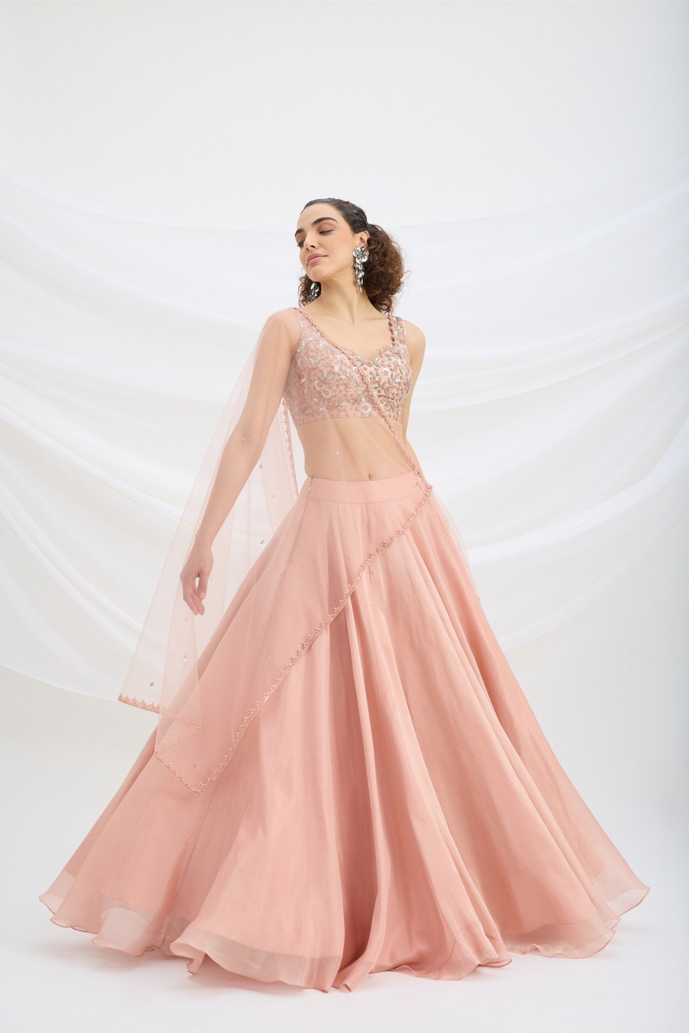 PEACH LEHENGA WITH EMBROIDERED STITCHED BLOUSE AND DUPATTA - White Maison de Couture