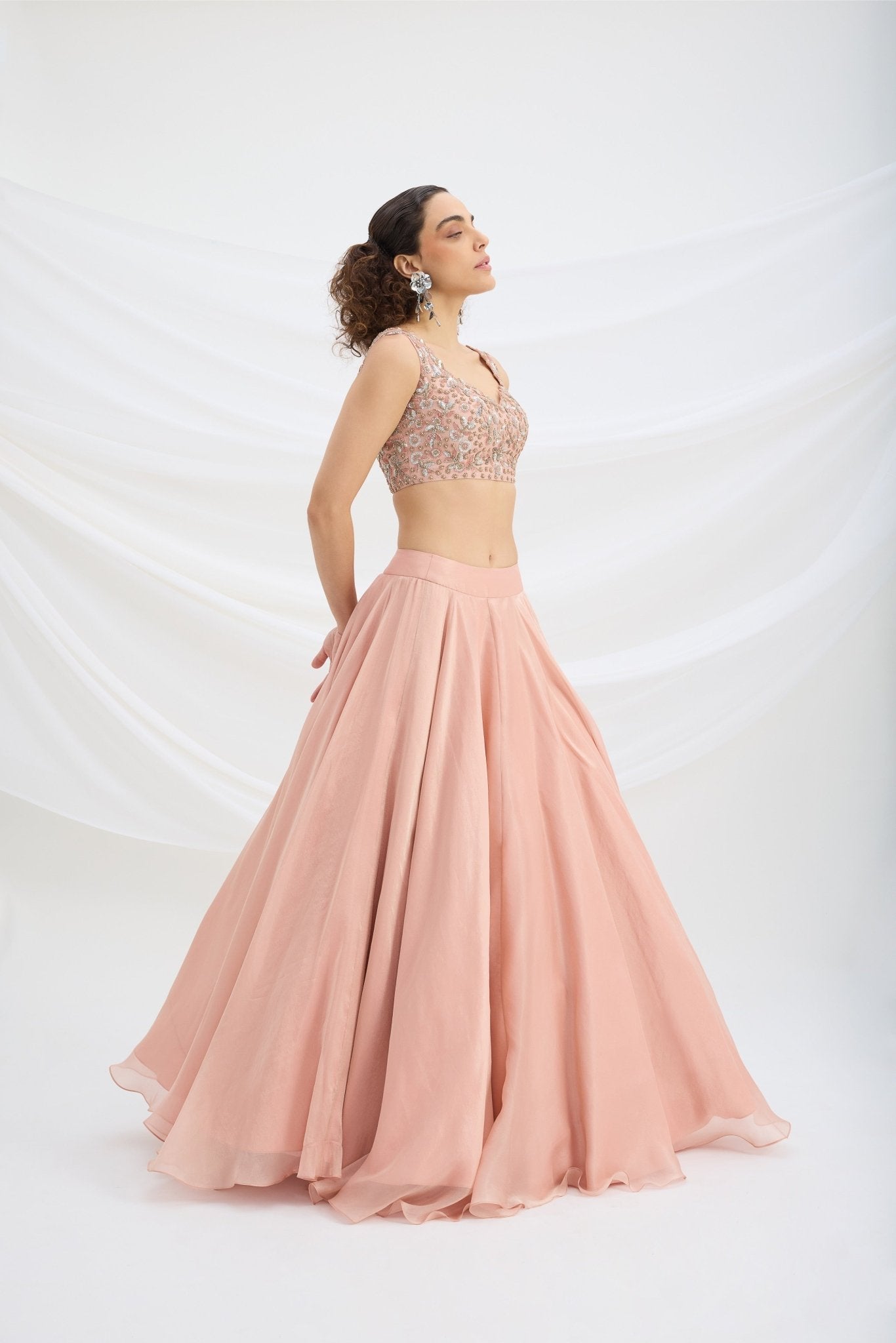 PEACH LEHENGA WITH EMBROIDERED STITCHED BLOUSE AND DUPATTA - White Maison de Couture