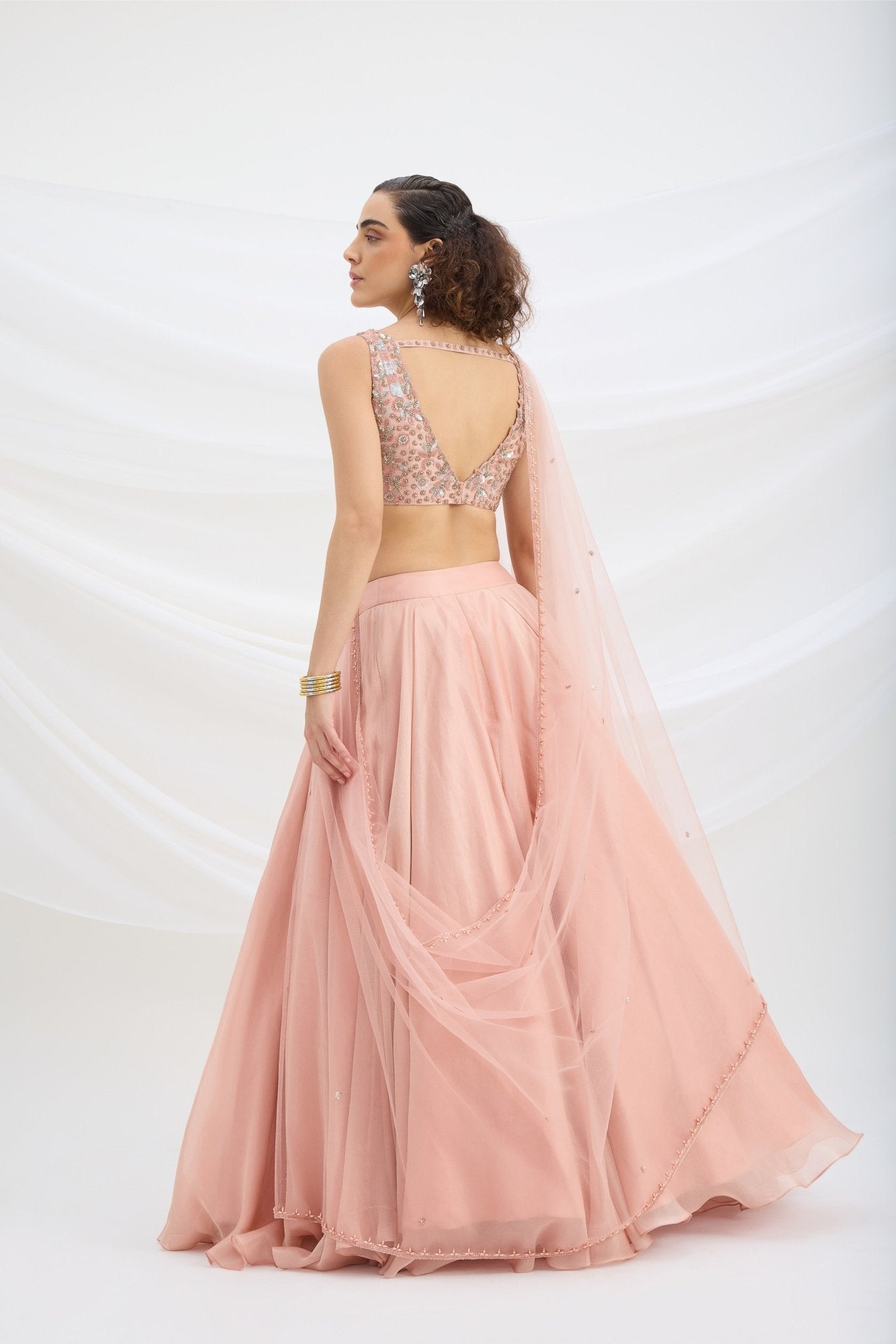 PEACH LEHENGA WITH EMBROIDERED STITCHED BLOUSE AND DUPATTA - White Maison de Couture