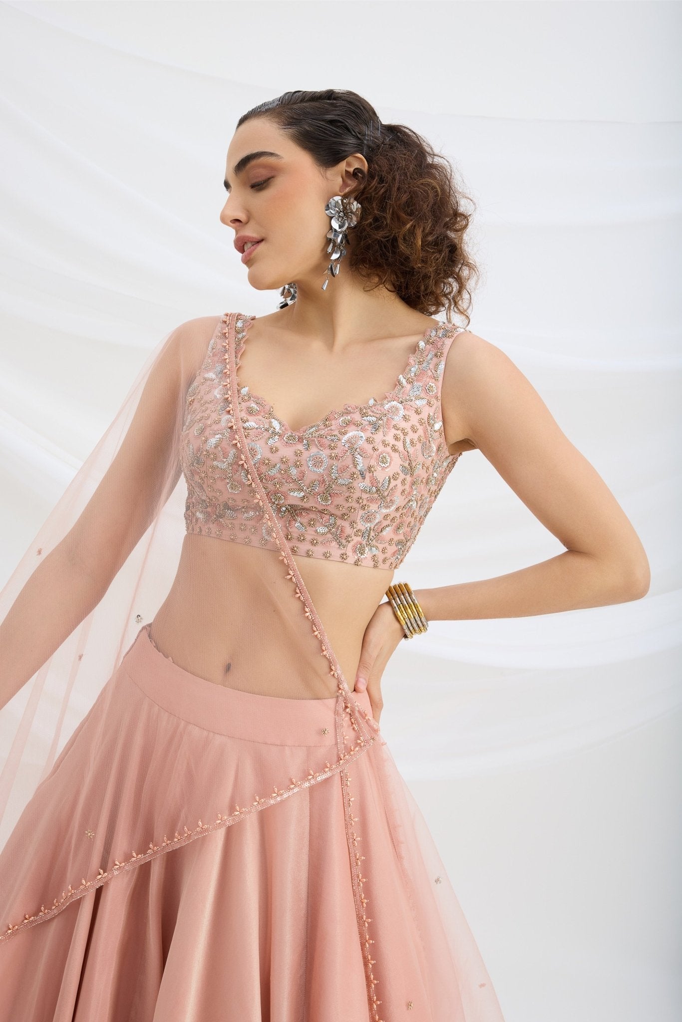 PEACH LEHENGA WITH EMBROIDERED STITCHED BLOUSE AND DUPATTA - White Maison de Couture