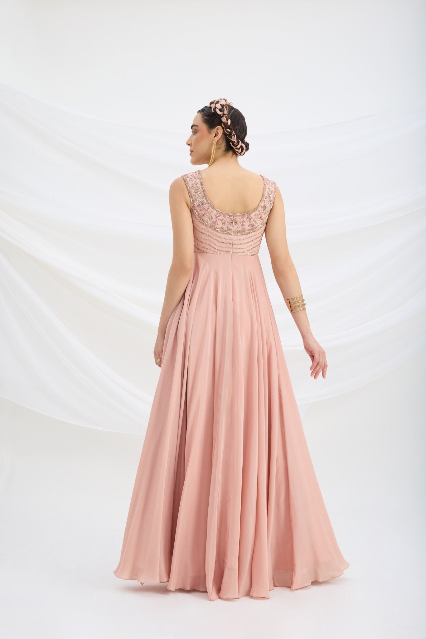 PEACH PINK EMBROIDERED DRESS WITH DUPATTA - White Maison de Couture
