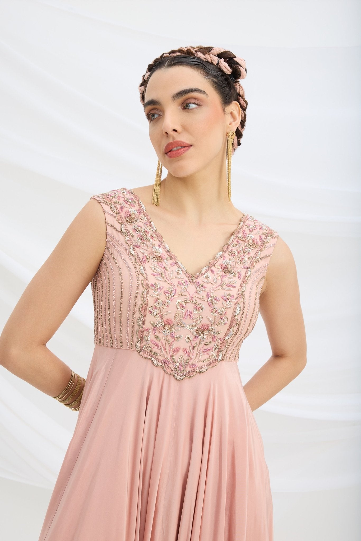 PEACH PINK EMBROIDERED DRESS WITH DUPATTA - White Maison de Couture