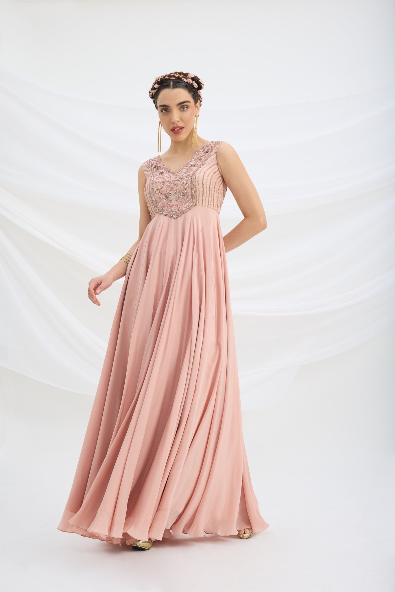 PEACH PINK EMBROIDERED DRESS WITH DUPATTA - White Maison de Couture