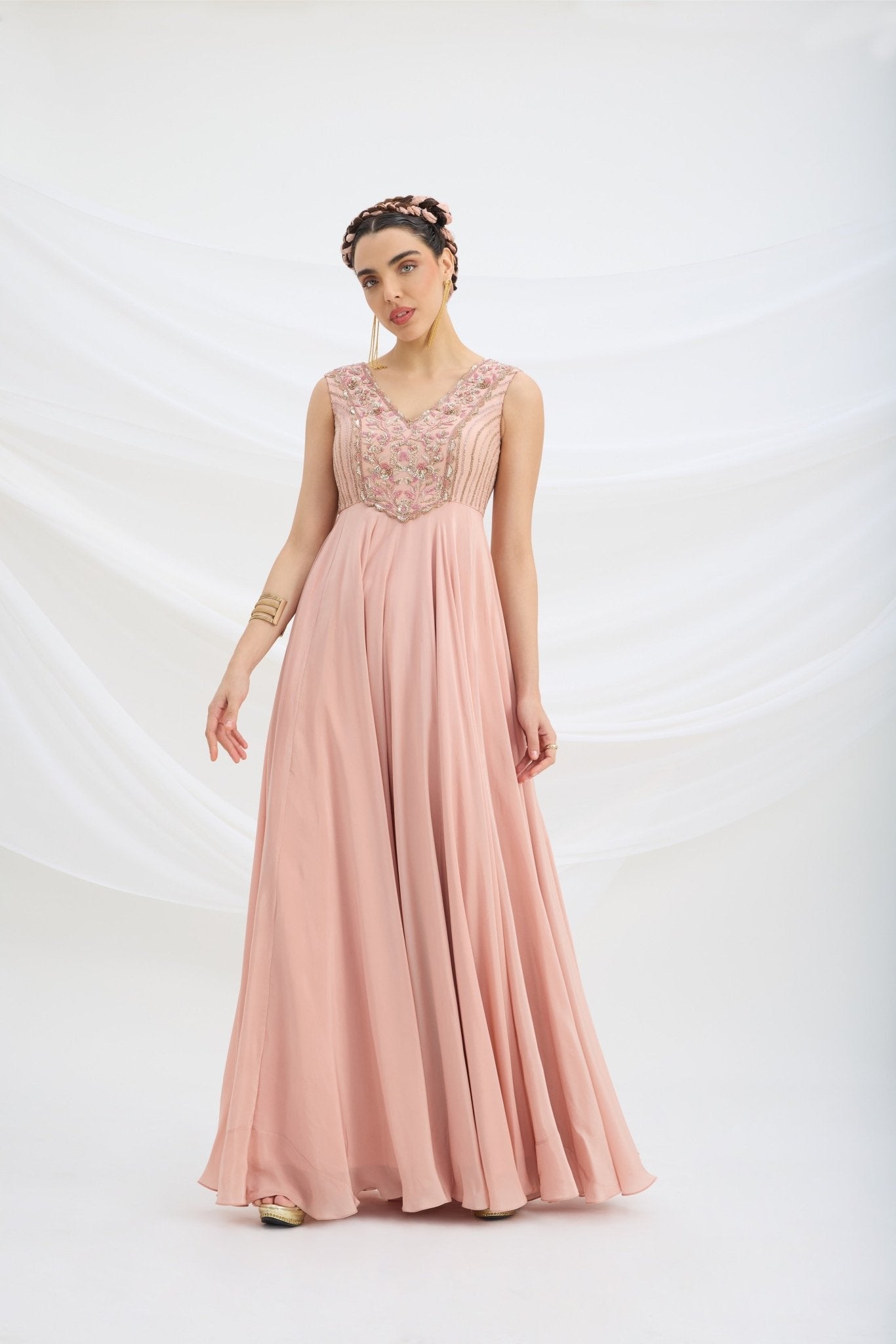 PEACH PINK EMBROIDERED DRESS WITH DUPATTA - White Maison de Couture