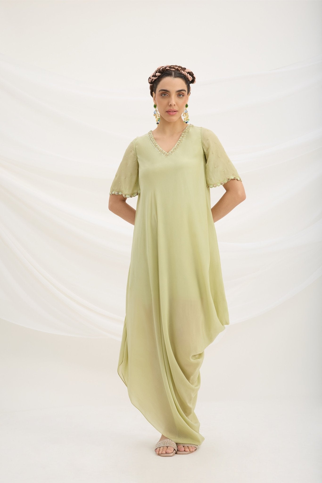 PISTA GREEN DRAPE DRESS - White Maison de Couture