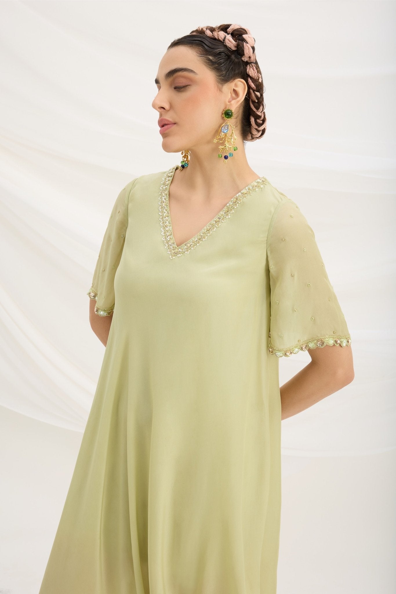 PISTA GREEN DRAPE DRESS - White Maison de Couture