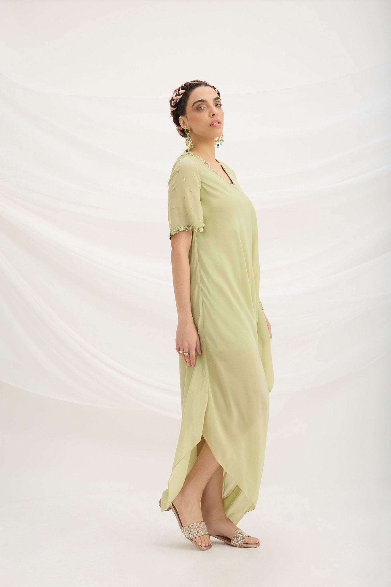 PISTA GREEN DRAPE DRESS - White Maison de Couture