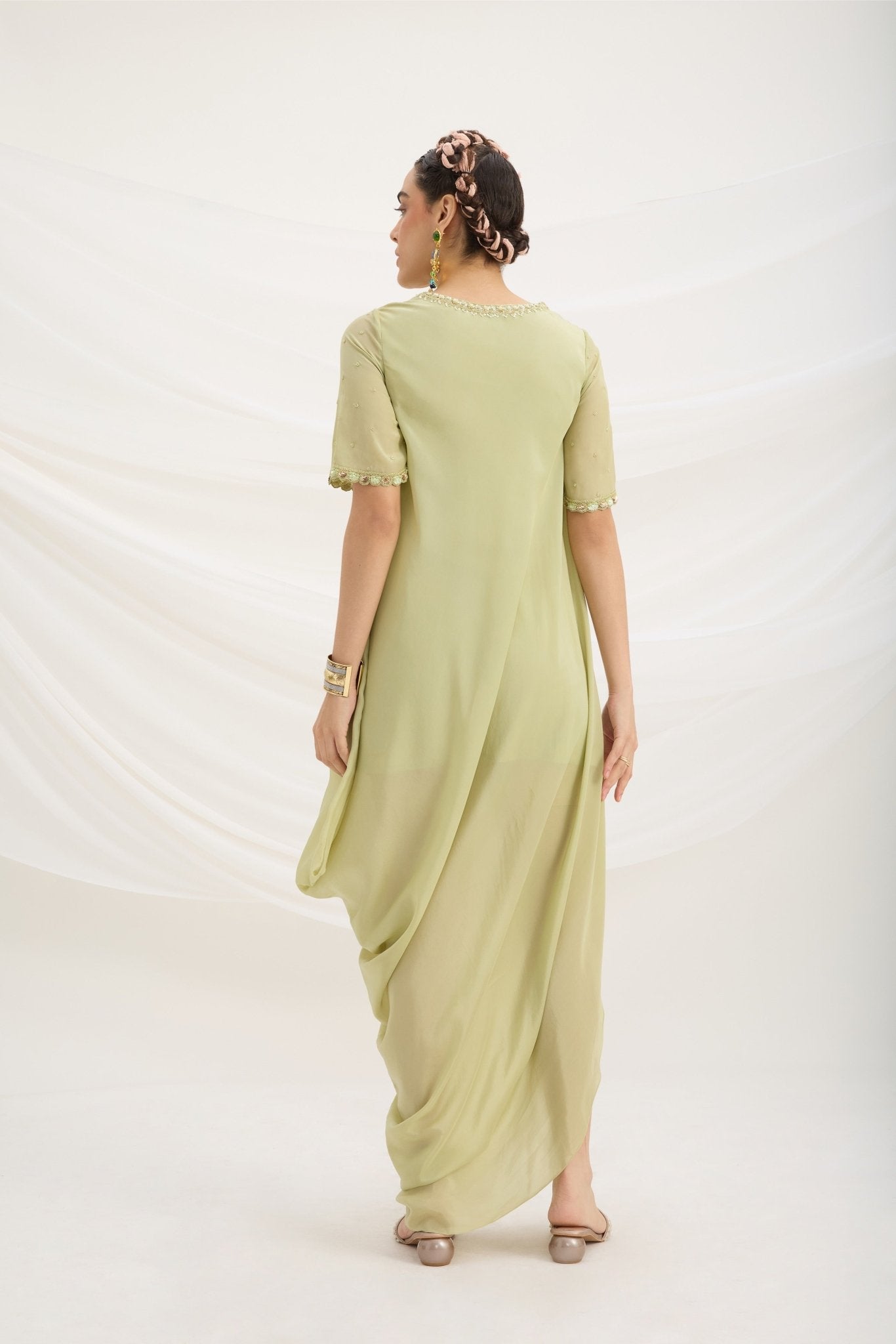 PISTA GREEN DRAPE DRESS - White Maison de Couture