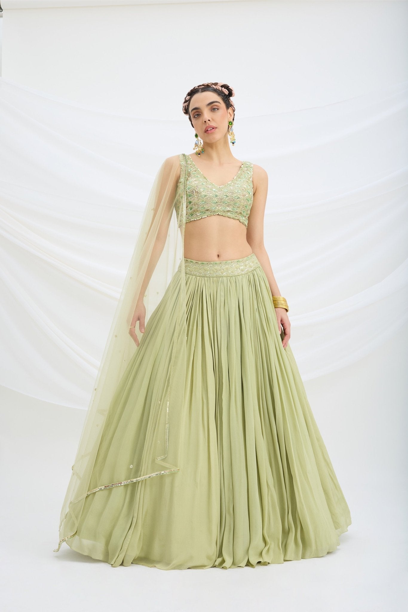PISTA GREEN LEHENGA WITH EMBROIDERED BLOUSE AND DUPATTA - White Maison de Couture