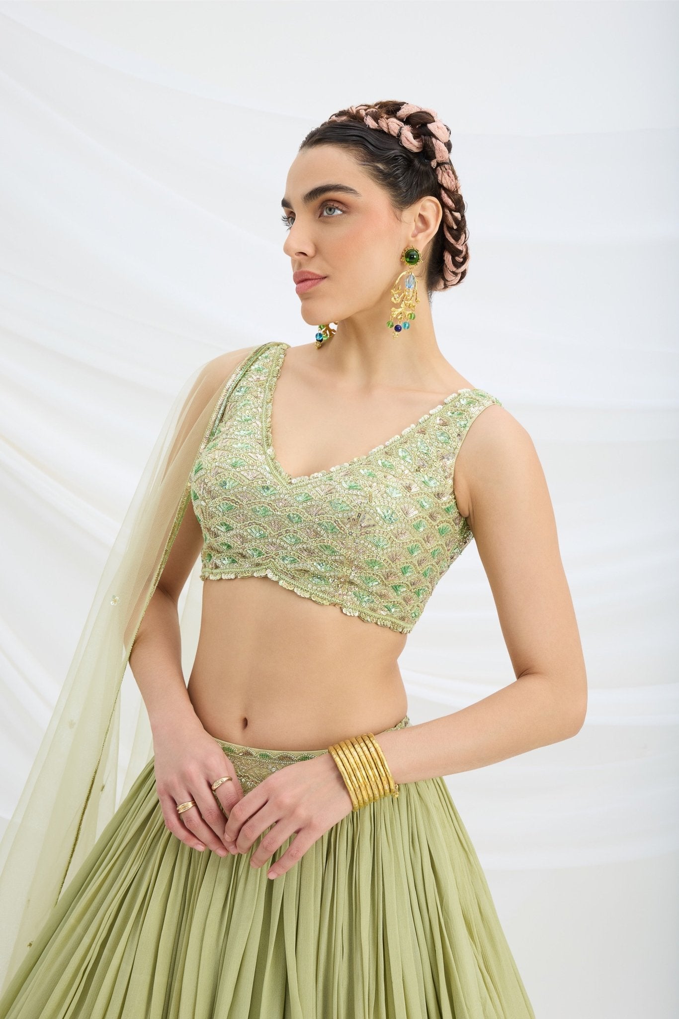PISTA GREEN LEHENGA WITH EMBROIDERED BLOUSE AND DUPATTA - White Maison de Couture