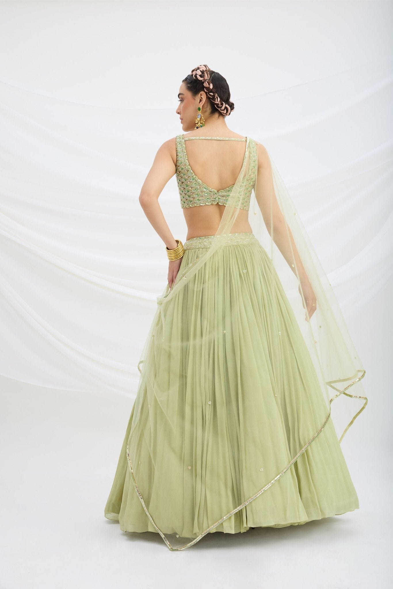 PISTA GREEN LEHENGA WITH EMBROIDERED BLOUSE AND DUPATTA - White Maison de Couture