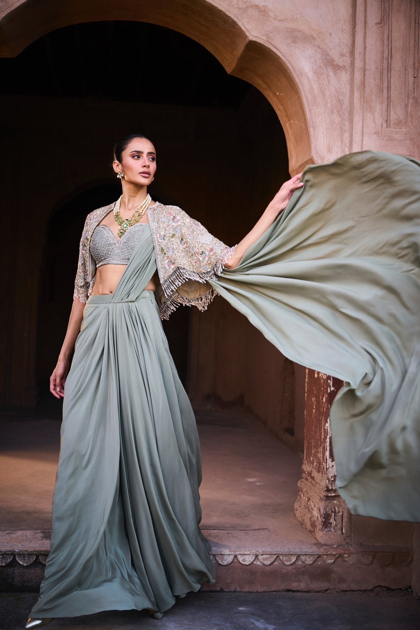 PRE DAPE SAREE WITH EMBROIDERED CAPE AND BLOUSE - White Maison de Couture
