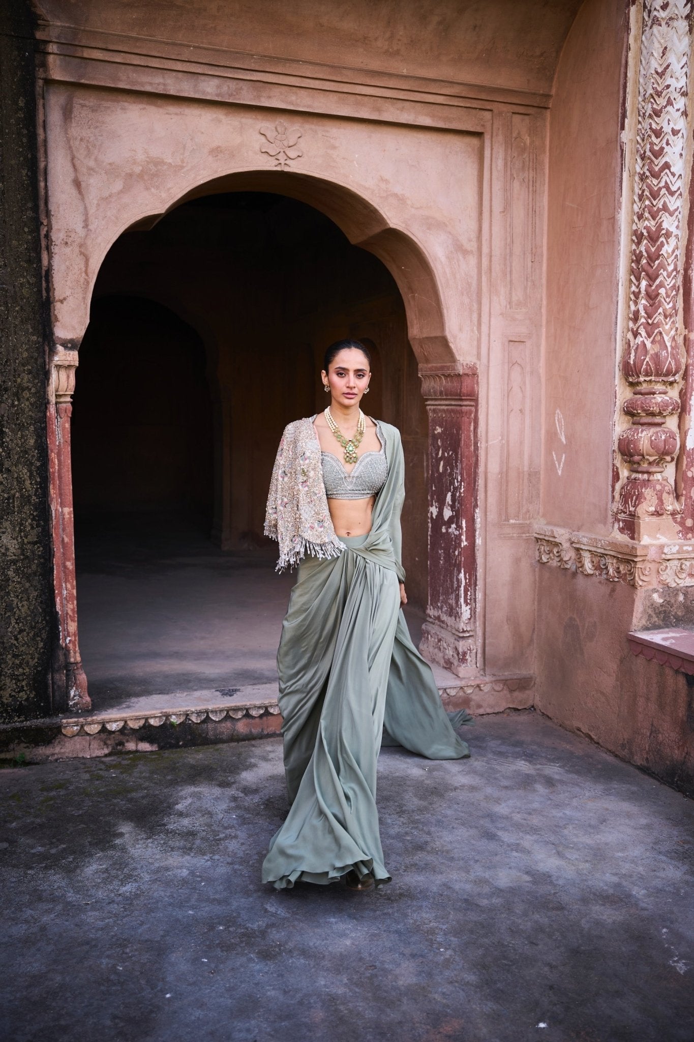 PRE DAPE SAREE WITH EMBROIDERED CAPE AND BLOUSE - White Maison de Couture