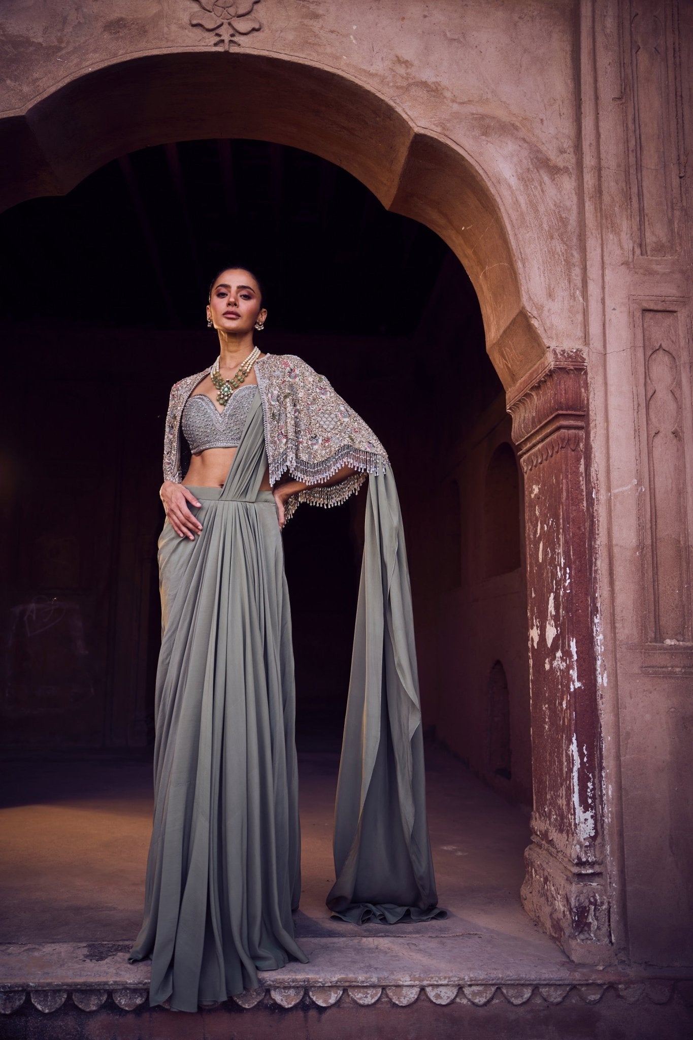 PRE DAPE SAREE WITH EMBROIDERED CAPE AND BLOUSE - White Maison de Couture