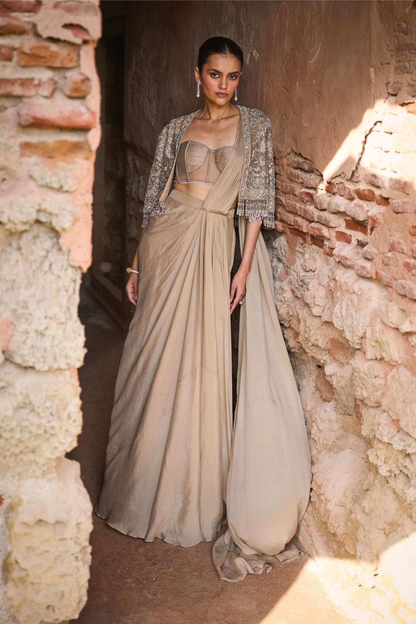 PRE DAPE SAREE WITH EMBROIDERED CAPE AND CORSET - White Maison de Couture