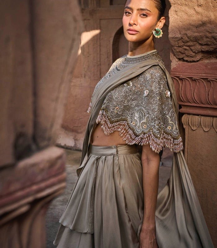 PRE DRAPE SAREE WITH EMBROIDERED CAPE - White Maison de Couture