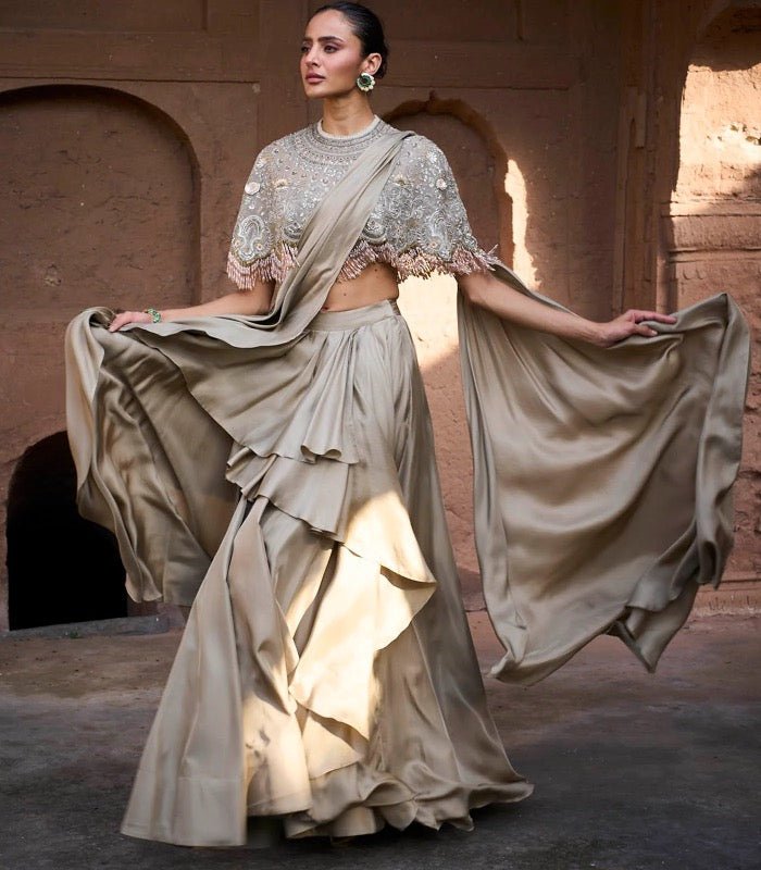 PRE DRAPE SAREE WITH EMBROIDERED CAPE - White Maison de Couture