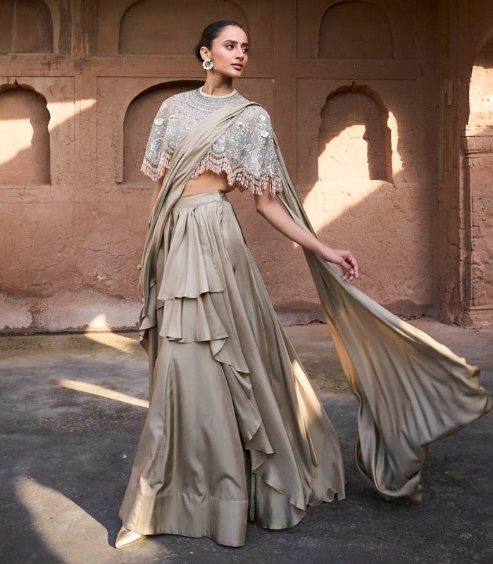 PRE DRAPE SAREE WITH EMBROIDERED CAPE - White Maison de Couture