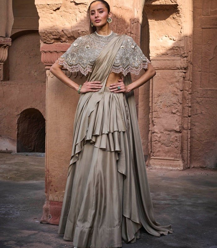 PRE DRAPE SAREE WITH EMBROIDERED CAPE - White Maison de Couture