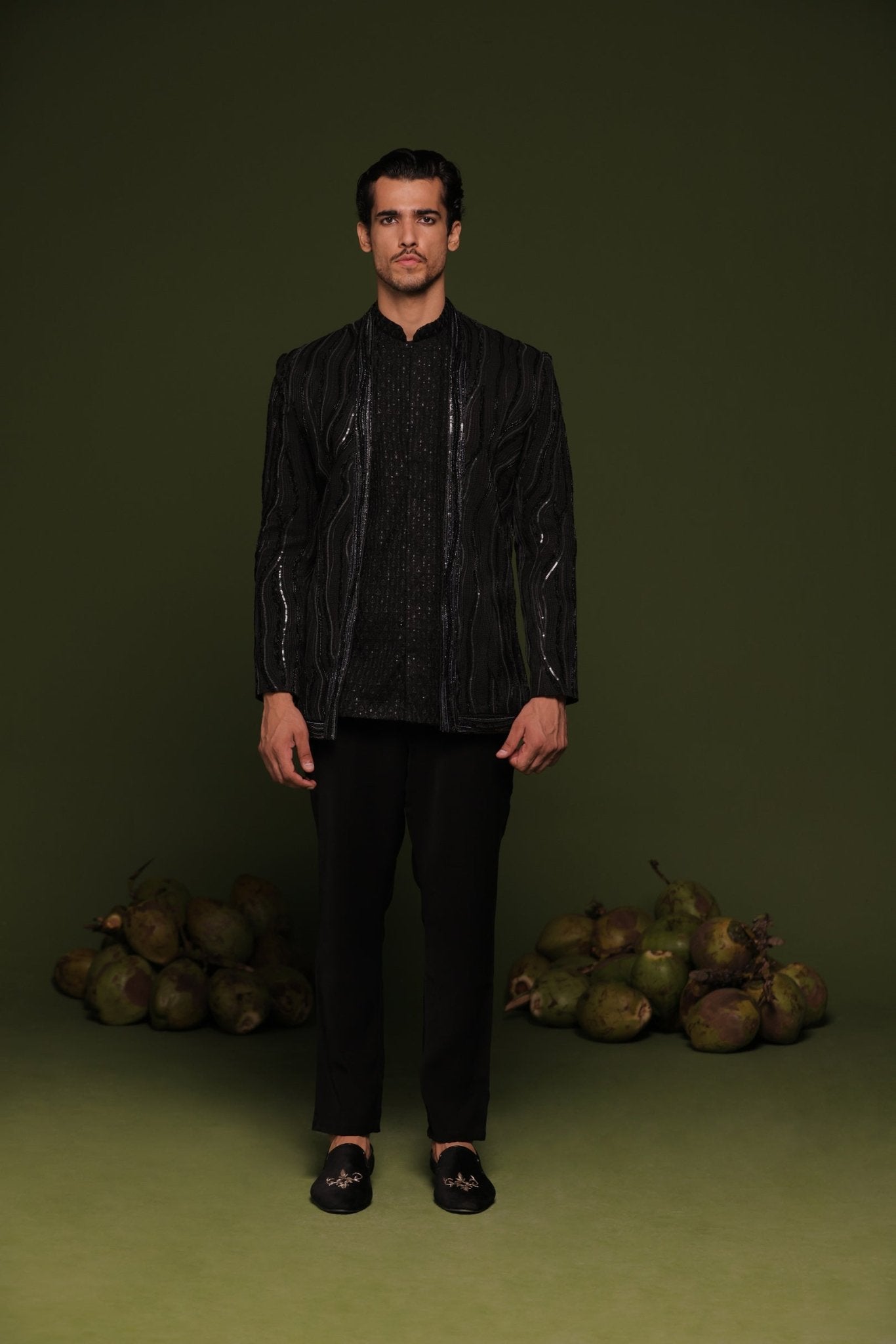 SATYAM BLACK JODHPURI SET WITH SHORT SHIRT AND PANT - White Maison de Couture