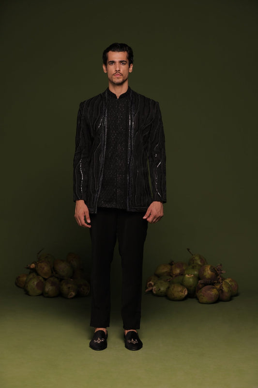 SATYAM BLACK JODHPURI SET WITH SHORT SHIRT AND PANT - White Maison de Couture