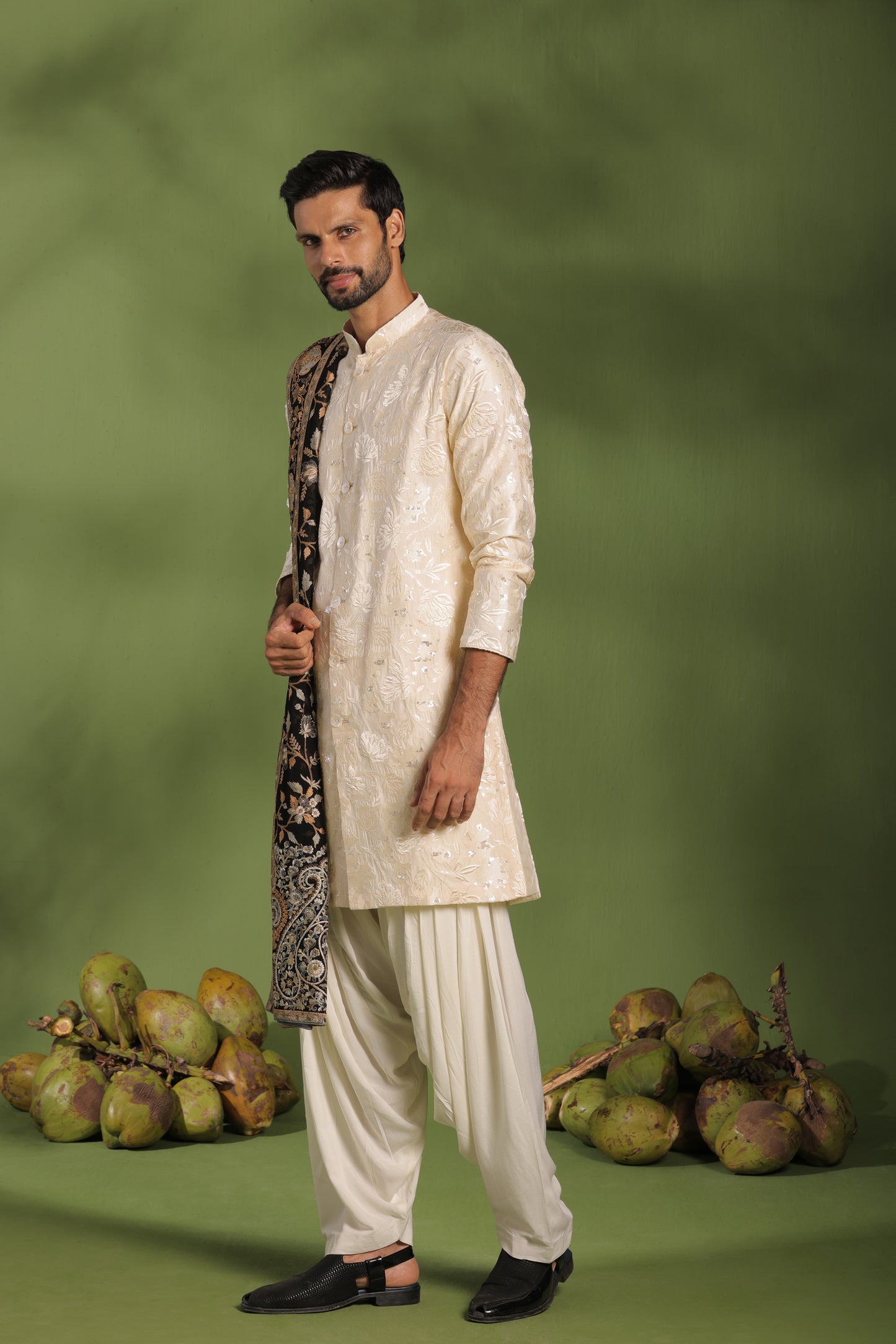 KAUSTUBH CREAM FRONT OPEN KURTA PATIYALA SET WITH DUPATTA