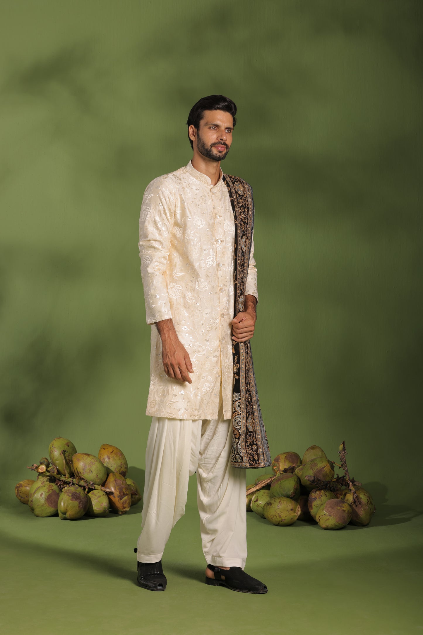 KAUSTUBH CREAM FRONT OPEN KURTA PATIYALA SET WITH DUPATTA