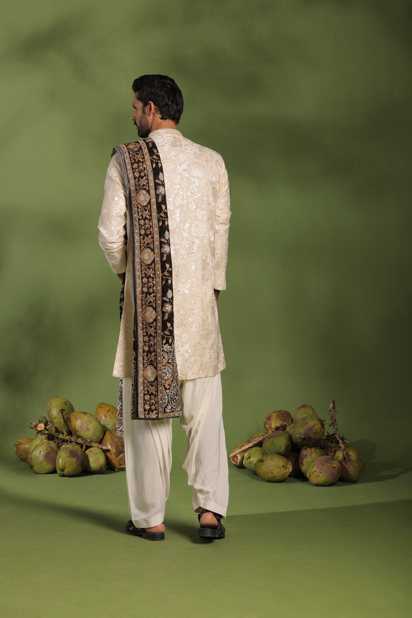 KAUSTUBH CREAM FRONT OPEN KURTA PATIYALA SET WITH DUPATTA