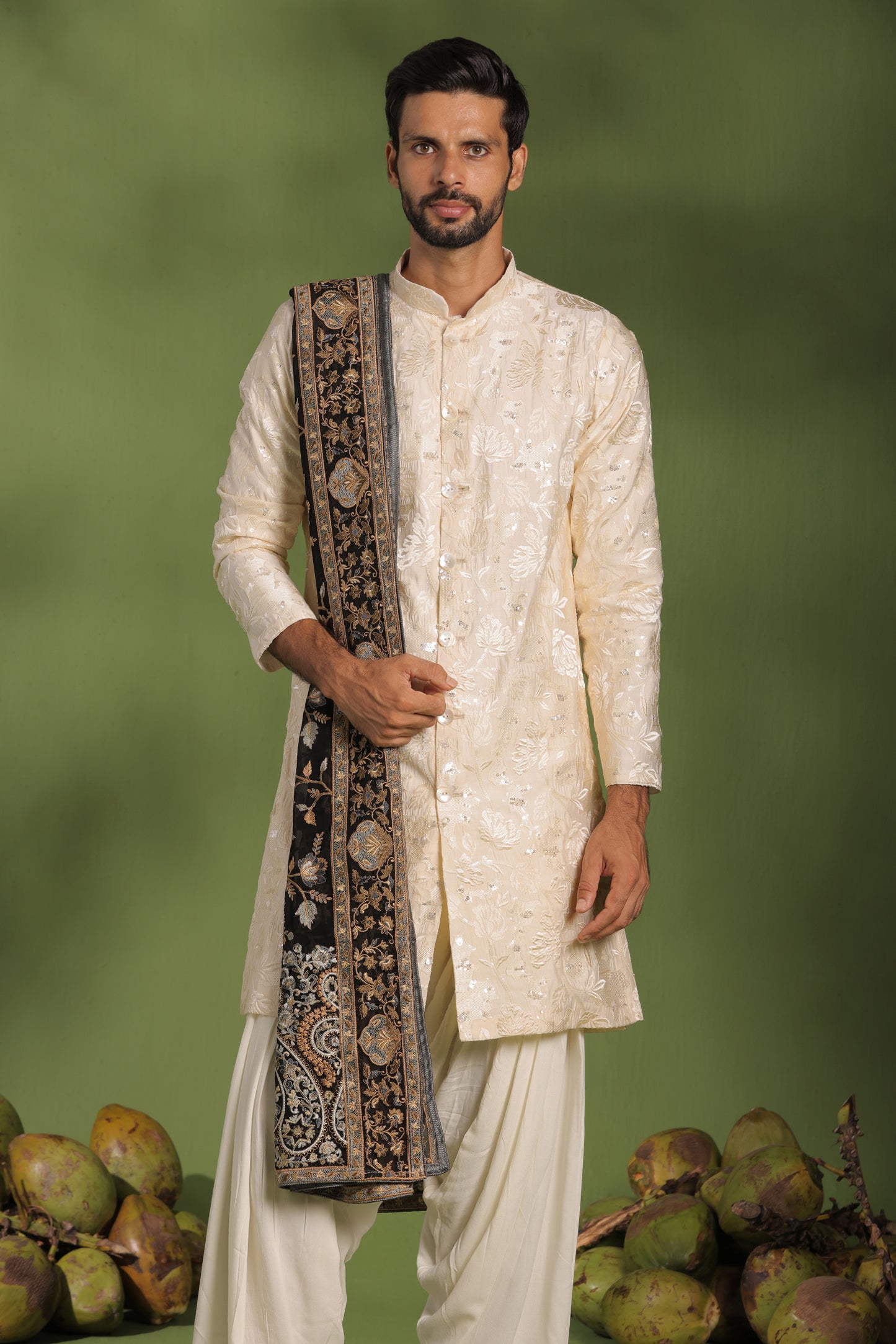 KAUSTUBH CREAM FRONT OPEN KURTA PATIYALA SET WITH DUPATTA