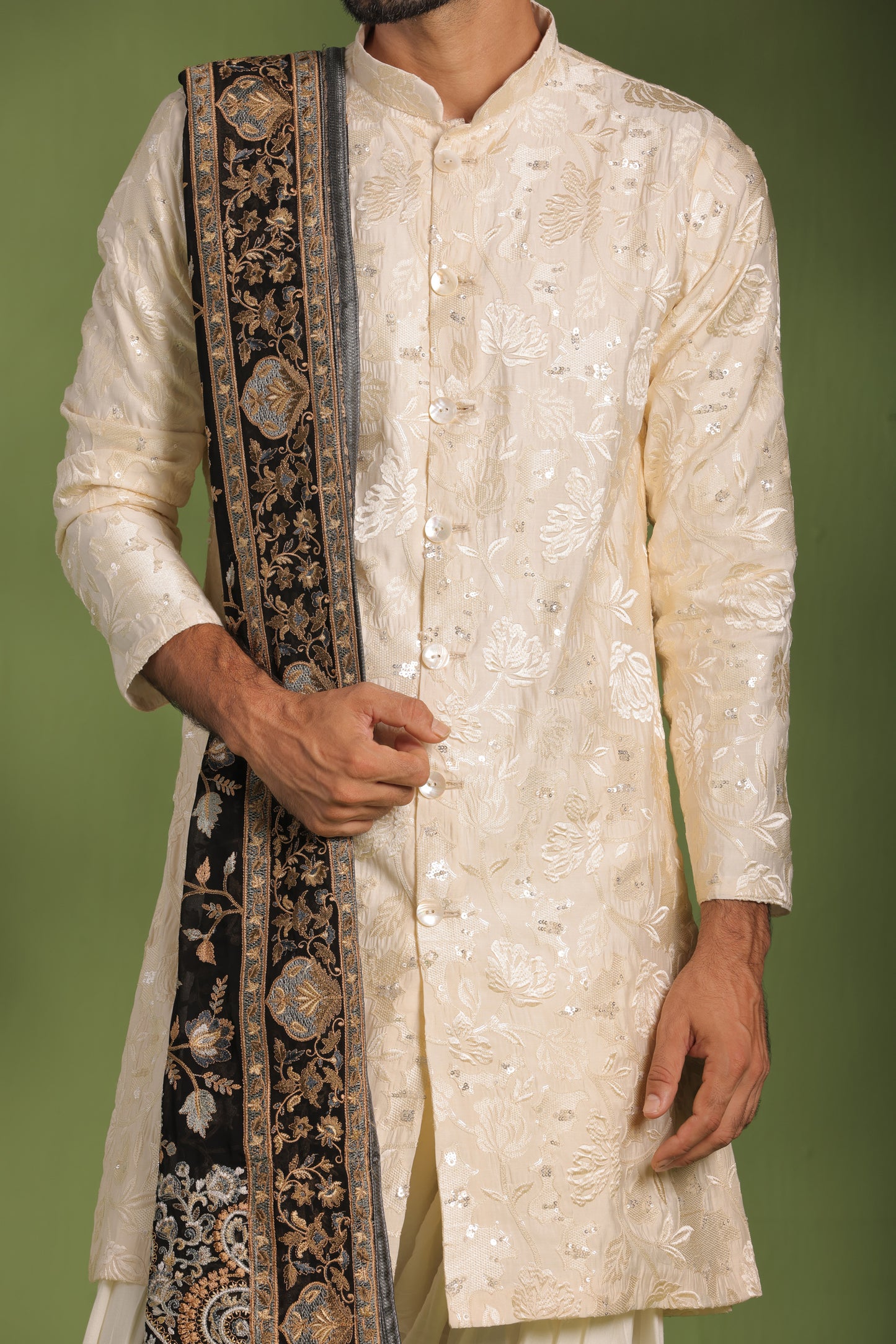 KAUSTUBH CREAM FRONT OPEN KURTA PATIYALA SET WITH DUPATTA