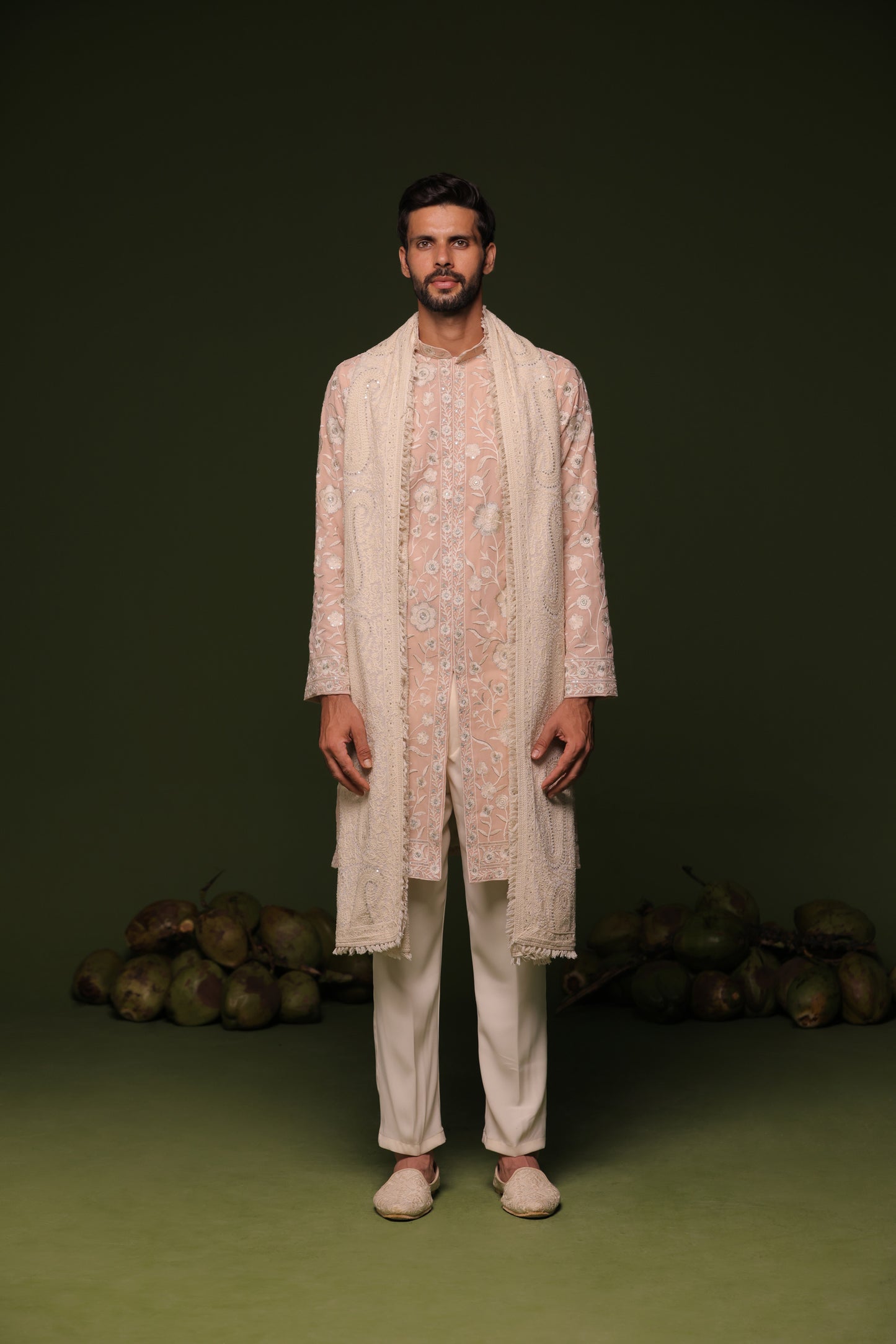 ILESH CREAM FRONT OPEN KURTA SET WITH TROUSER AND DUPATTA