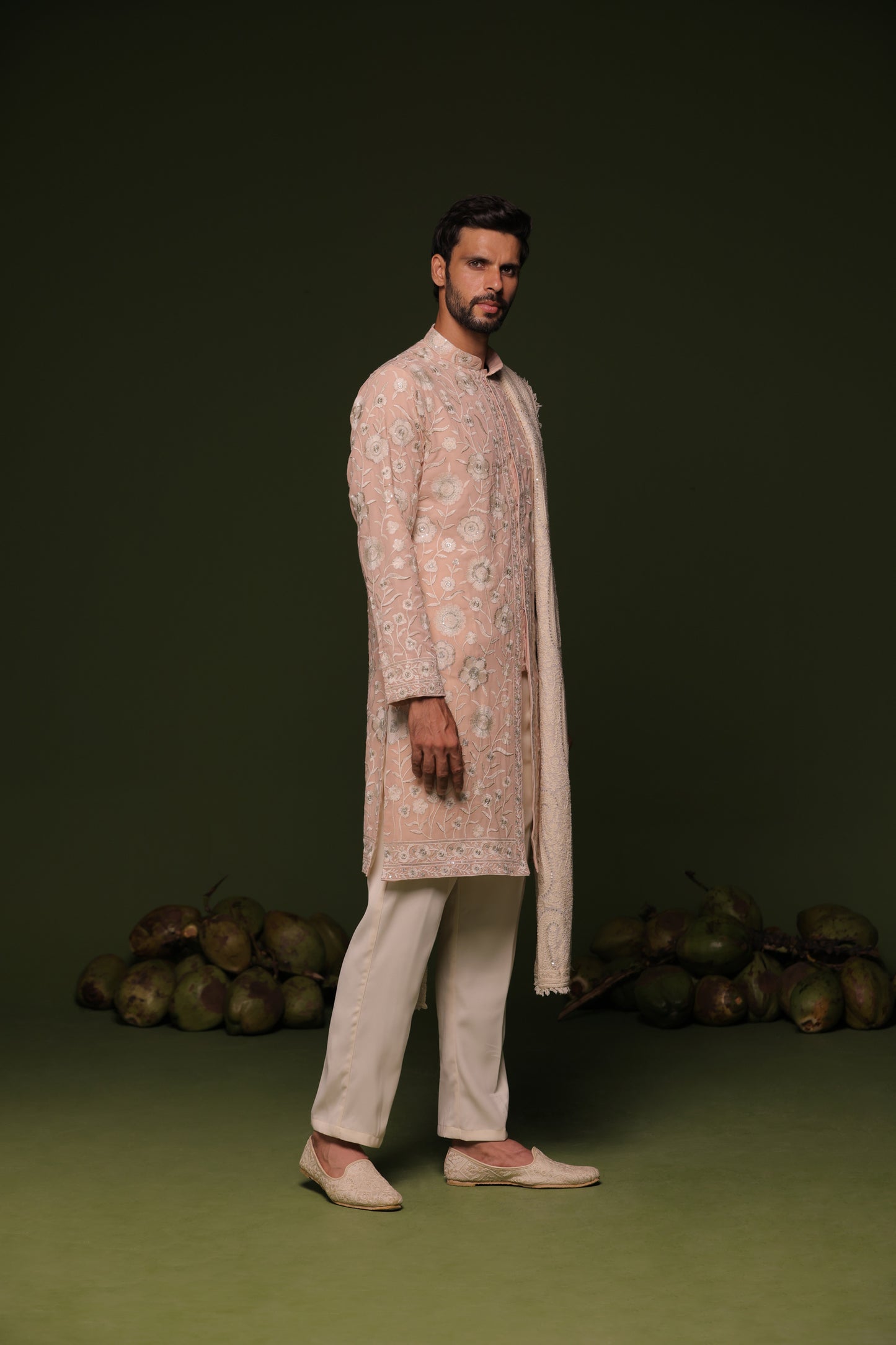 ILESH CREAM FRONT OPEN KURTA SET WITH TROUSER AND DUPATTA