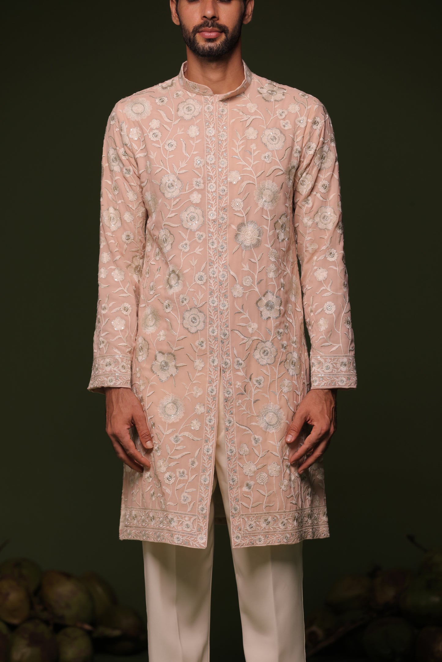 ILESH CREAM FRONT OPEN KURTA SET WITH TROUSER AND DUPATTA