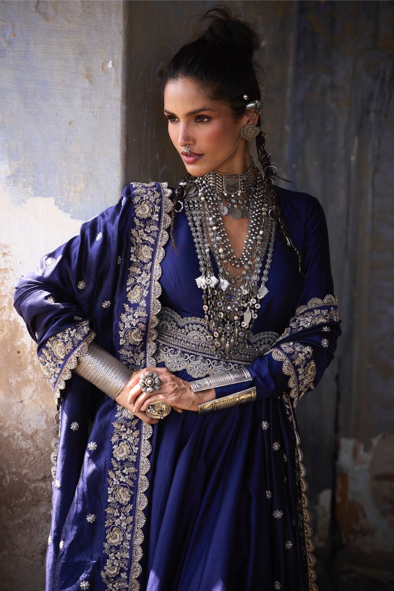 SILK PLAIN ANARKALI WITH EMBROIDERED DUAPTTA AND BELT - White Maison de Couture