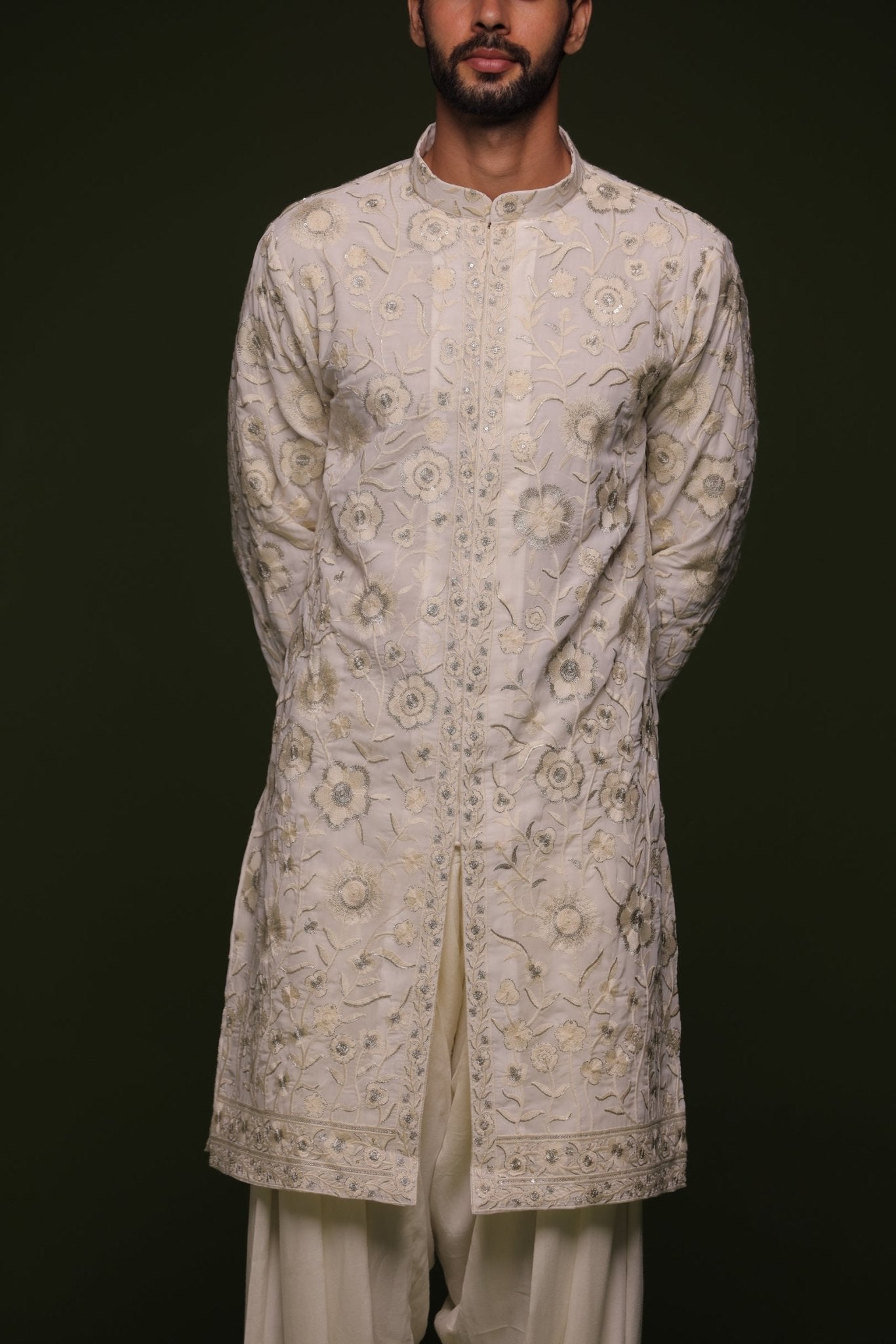 VARA BEIGE KURTA SET WITH PATIYALA AND DUPATTA - White Maison de Couture