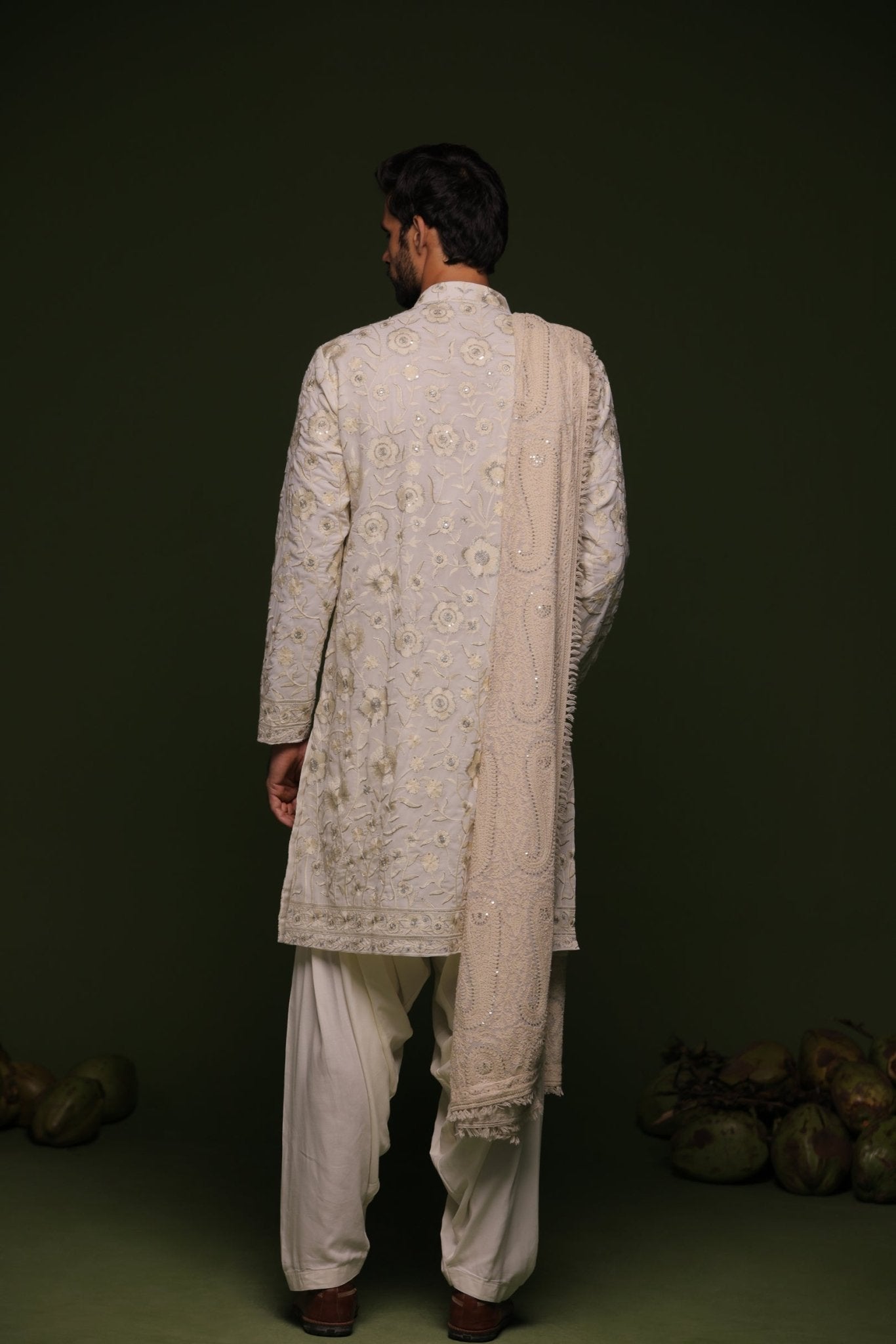 VARA BEIGE KURTA SET WITH PATIYALA AND DUPATTA - White Maison de Couture