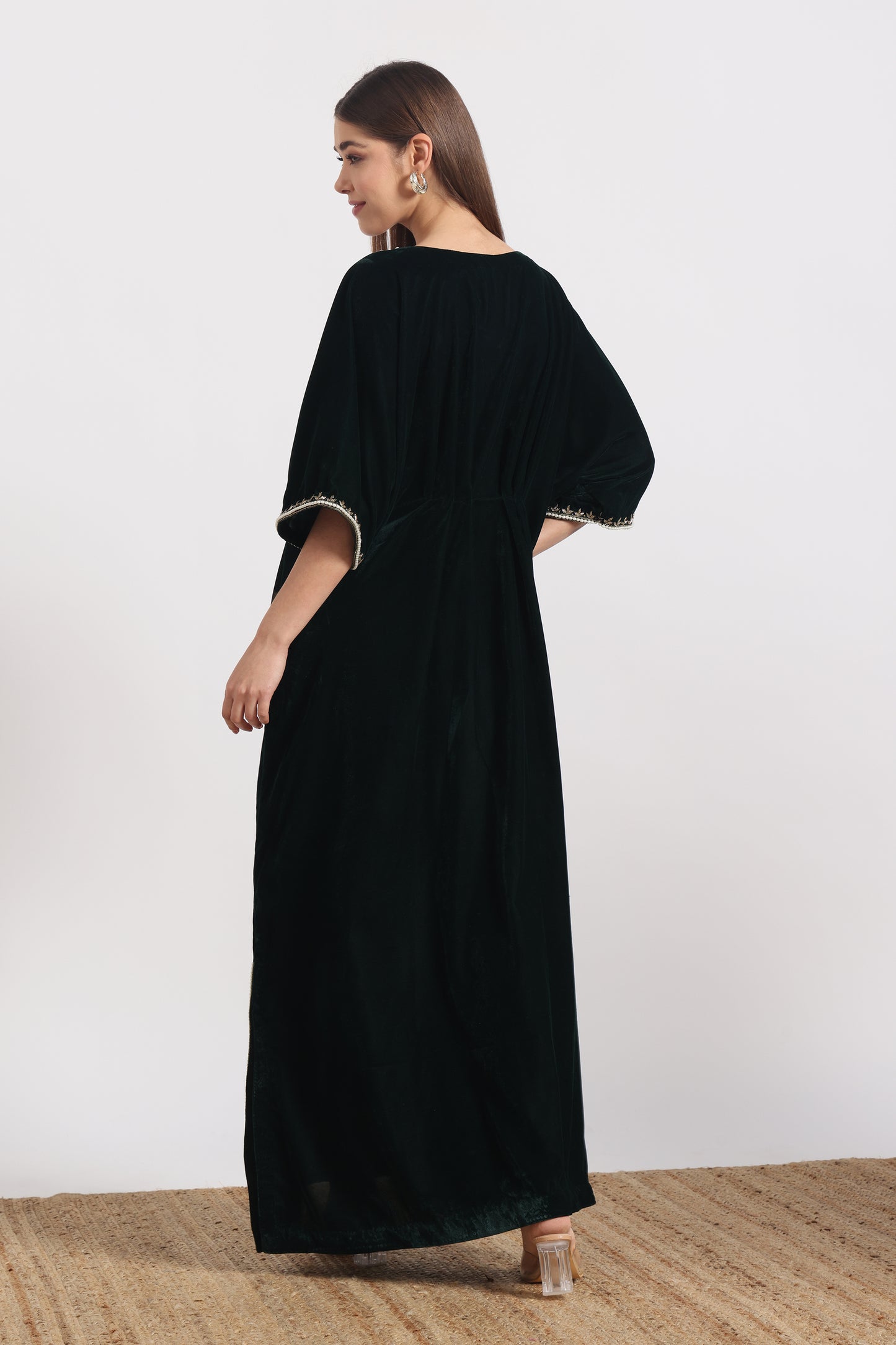 DARK GREEN VEL MAYURA KAFTAAN