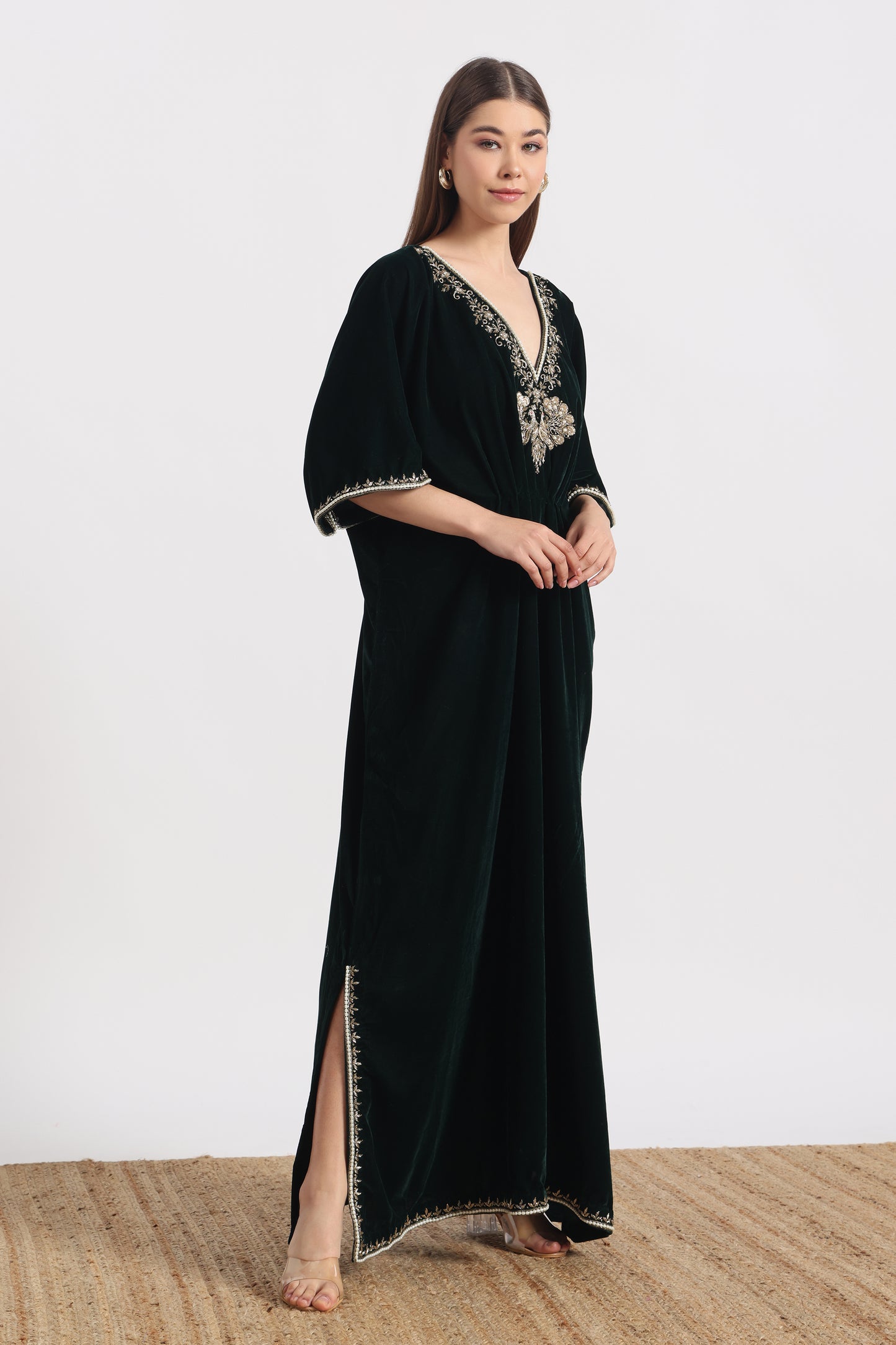 DARK GREEN VEL MAYURA KAFTAAN