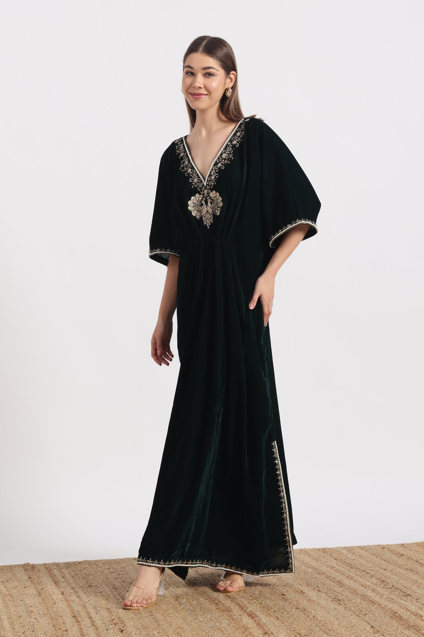DARK GREEN VEL MAYURA KAFTAAN