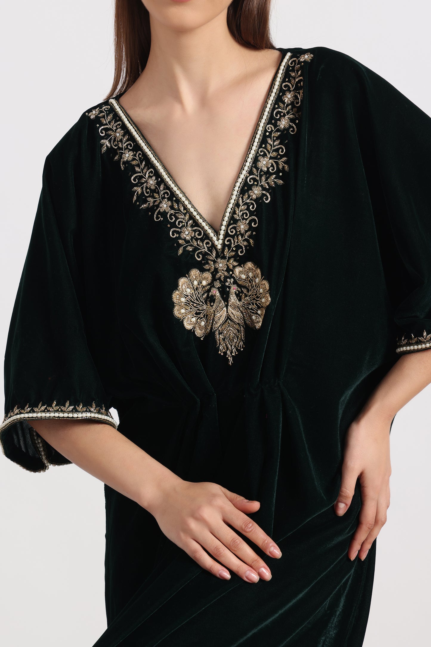 DARK GREEN VEL MAYURA KAFTAAN